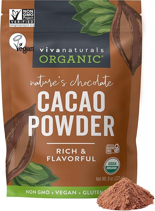 Viva Naturals Organic Cacao Powder, 8 oz - Unsweetened Cocoa Powder With Rich Dark Chocolate Flavor, Perfect for Baking & Smoothies - Certified Vegan, Keto & Paleo, Non-GMO & Gluten-Free, 227 g