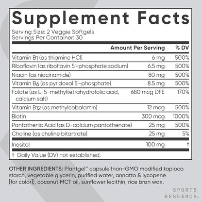 Sports Research Vitamin B-Complex - Full Spectrum of B Vitamins - Plant-Based Vegan-Friendly Formula - 60 Veggie Softgels