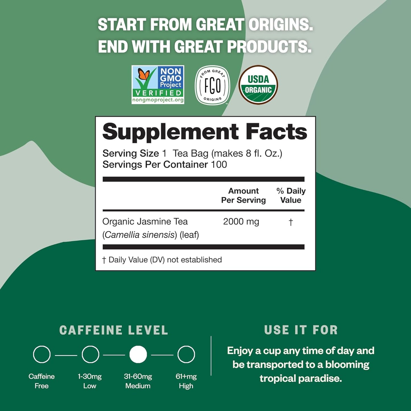 FGO Organic White Tea, Eco-Conscious Tea Bags, Packaging May Vary, 100 Count (Pack of 1)