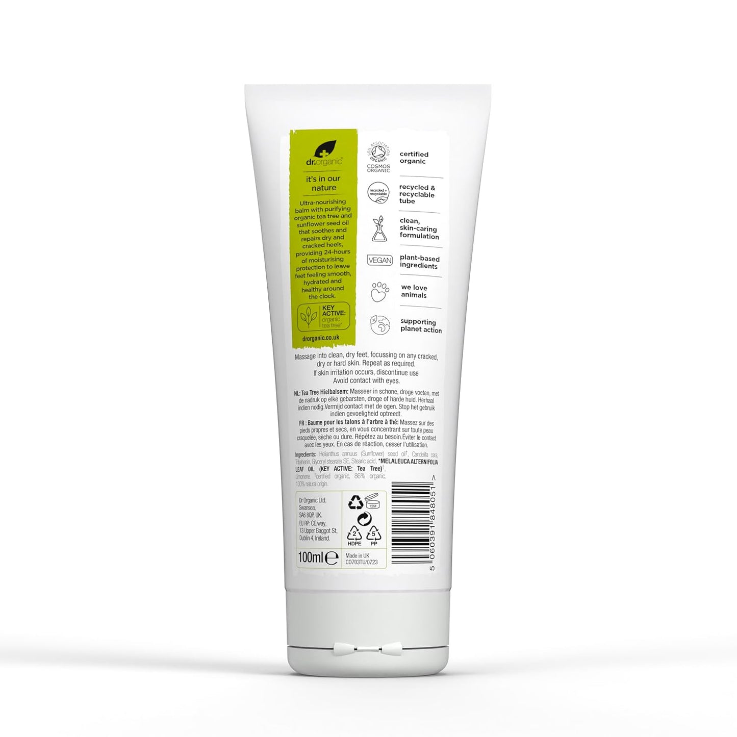 Dr Organic Tea Tree Heel Balm, for Dry & Cracked Feet, Cleansing, with Natural Sunflower Oil, Vegan, Cruelty Free, Paraben & SLS Free, Certified Organic, 100 ml