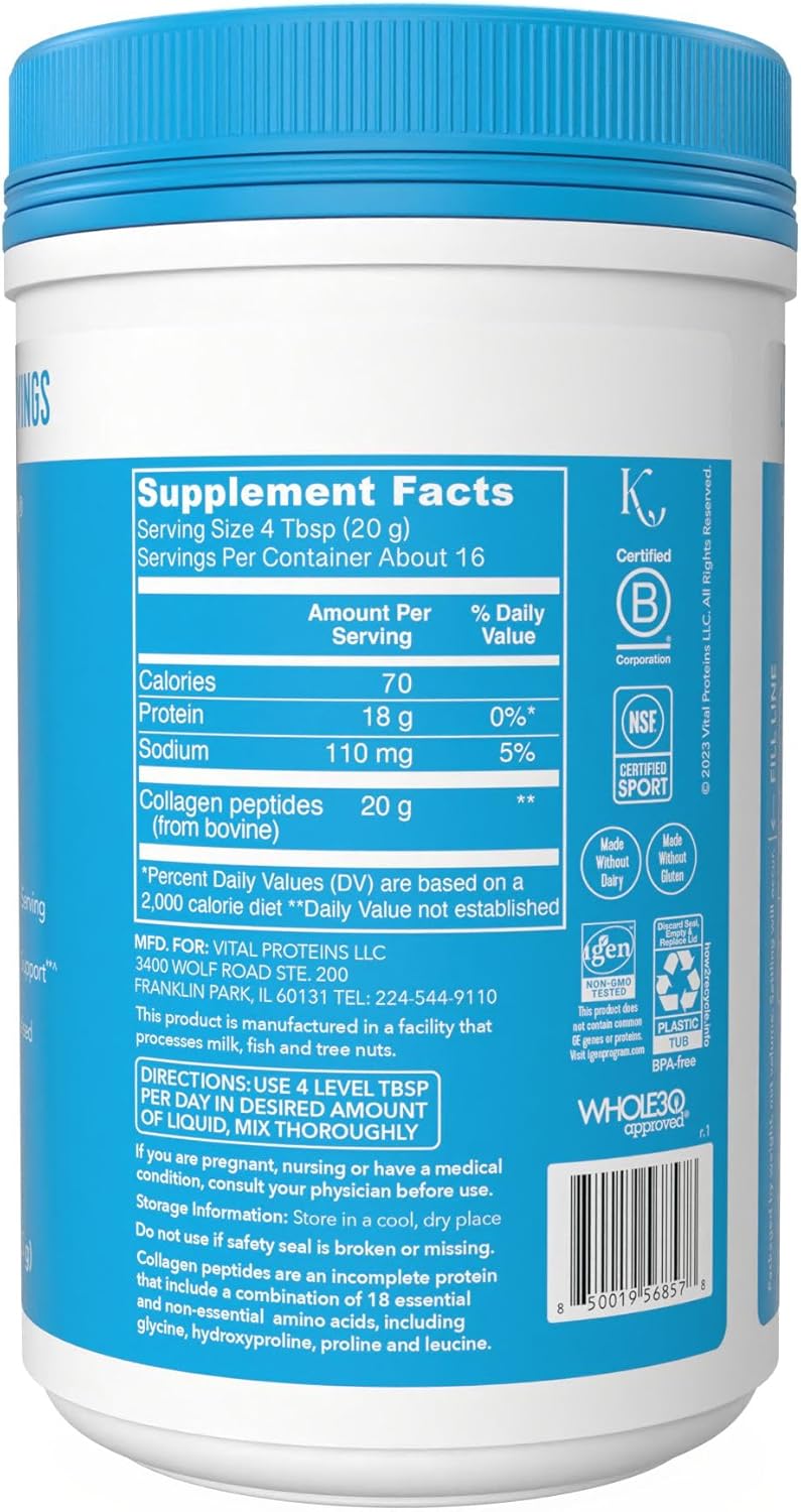 Vital Proteins Collagen Peptides Powder, Promotes Hair, Nail, Skin, Bone and Joint Health, Zero Sugar, Unflavored 19.3 OZ