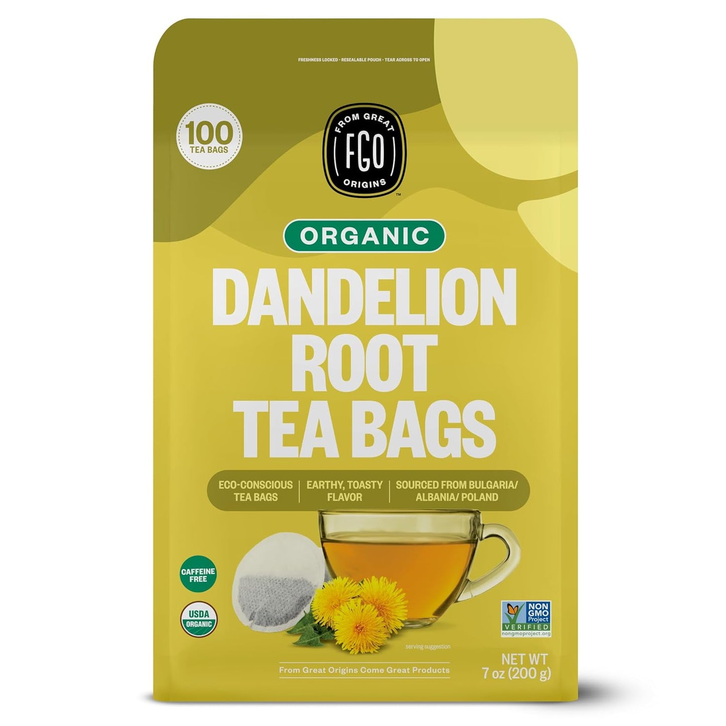 FGO Organic Milk Thistle Tea, 100 Count, Eco-Conscious Herbal Tea Bags, Resealable Bag, Caffeine Free, Packaging May Vary (Pack of 1)