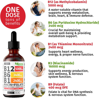 Vitamin B12 and B6 Liquid Drops, B12 Sublingual Vitamin B Complex - B 12 Vitamin 5000mcg - B12 Methylcobalamin for Energy, Brain, and Heart Support with 27,200 mcg, Raspberry, 40 Servings