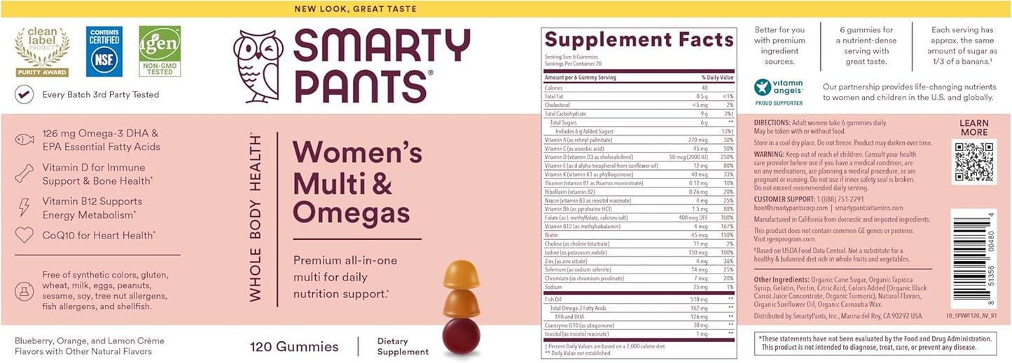 SmartyPants Women's Multivitamin Gummies: Omega 3 Fish Oil (EPA/DHA), Methylfolate, CoQ10, Vitamin D3, C, Vitamin B12, B6, A, K & Zinc, Inositol, Gluten Free, 180 Count (30 Day Supply)