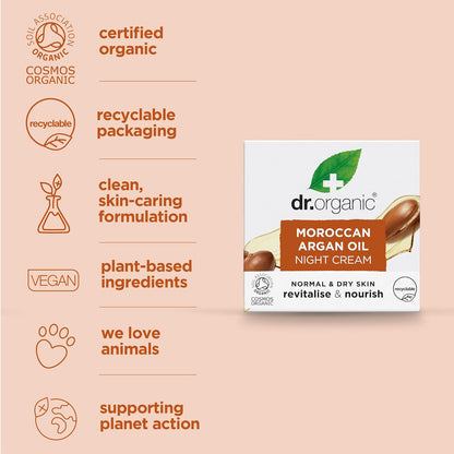 Dr Organic Moroccan Argan Oil Night Cream, Moisturising, Natural, Vegan, Cruelty Free, Paraben & SLS Free, Plastic Free, Recycled & Recyclable, Certified Organic, 50 ml