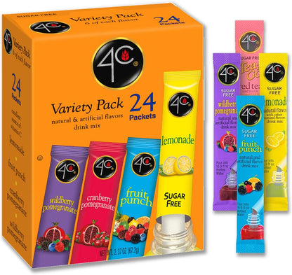 4C Powder Drink Mix Packets, Variety, 24 Count, Singles Stix On the Go, Refreshing Sugar Free Water Flavorings (2.37 Ounce