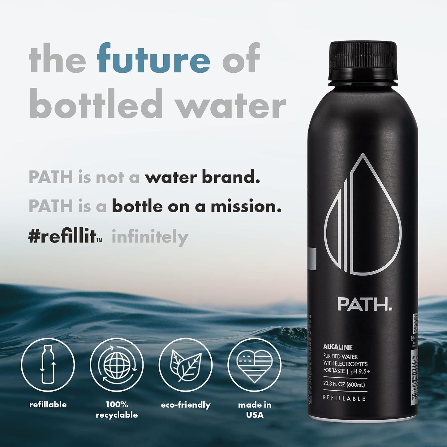 PATH Alkaline Bottled Water - 9.5 pH-Balanced Purified Water with Electrolytes in Aluminum Bottle - BPA-Free, Reusable, Infinitely Recyclable - Pure, Crisp, Refreshing Taste 20.3 fl oz (Pack of 12)