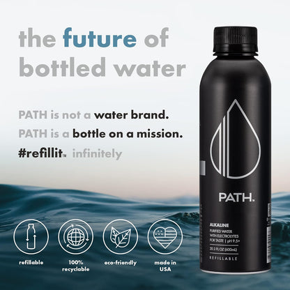 PATH Alkaline Bottled Water - 9.5 pH-Balanced Purified Water with Electrolytes in Aluminum Bottle - BPA-Free, Reusable, Infinitely Recyclable - Pure, Crisp, Refreshing Taste 20.3 fl oz (Pack of 12)