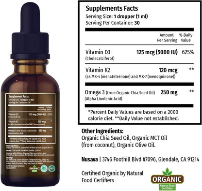 (1 Pack) Organic Vitamin D3 K2 Drops w MCT Oil Omega 3, 5000 IU, Vitamin D Liquid 5000 IU, No Fillers, Non-GMO Liquid D3 for Body’s Defenses & Faster Absorption, Unflavored, 2 Fl Oz Liquid Vitamin D3