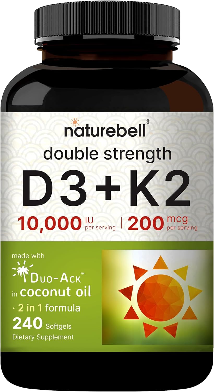 NatureBell Vitamin D3 10,000 IU + K2 200 mcg, 240 Softgels | Daily High Potency Formula with Coconut Oil | Bone, Heart & Immune Support | MK-7 Form | Non-GMO