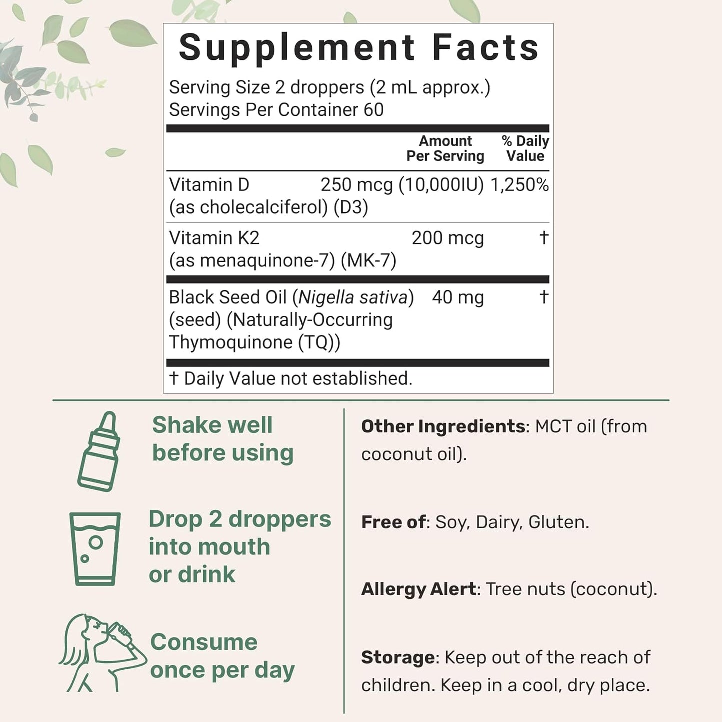 Micro Ingredients 2 Pack Vitamin D3 10000 iu + K2 (MK-7) 200 mcg Drops, 4 fl oz | Plus Black Seed & MCT Oil | 4-in-1 Bone, Immune, & Heart Health Support | Easy Absorption