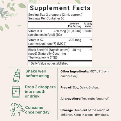 Micro Ingredients 2 Pack Vitamin D3 10000 iu + K2 (MK-7) 200 mcg Drops, 4 fl oz | Plus Black Seed & MCT Oil | 4-in-1 Bone, Immune, & Heart Health Support | Easy Absorption