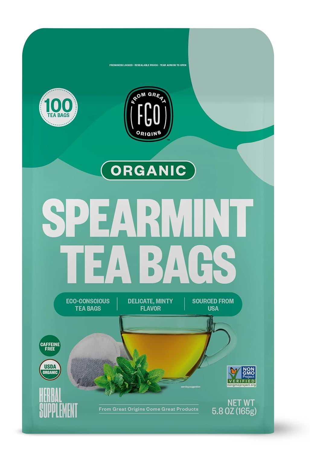 FGO Organic Nettle Leaf Tea, 100 Count, Eco-Conscious Tea Bags, Caffeine Free, Resealable Bag, Packaging May Vary (Pack of 1)
