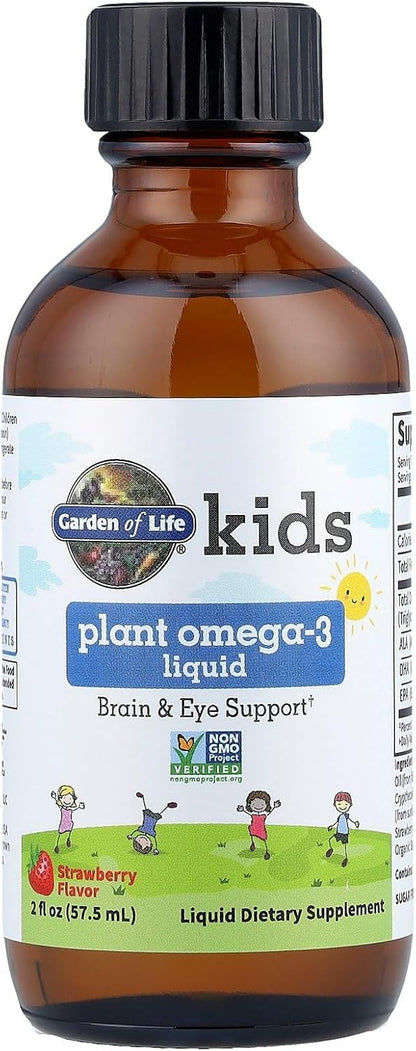 Garden of Life Kids Plant Omega-3 Liquid, Strawberry - Vegan Brain & Eye Support for Kids, Plant-Based Children's Omega 3 ALA, DHA & EPA Supplement for Children, Sugar Free & Non-GMO - 2 fl oz Liquid