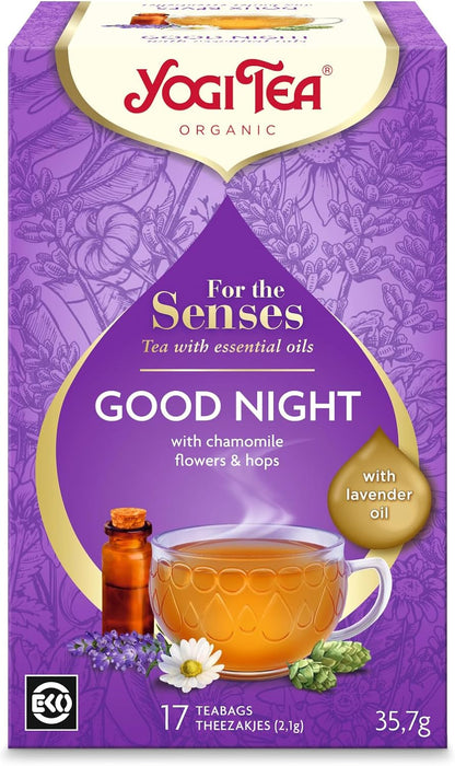 Yogi Tea, For The Senses, Good Night, Organic Herbal Tea with Essential Oils, Naturally Caffeine Free, Blend of Lavender, Chamomile and Hops.