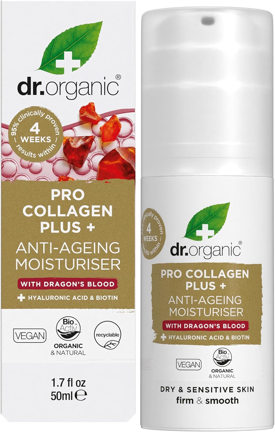 Dr. Organic Pro Collagen Plus Anti-Ageing Moisturizer with Black Pearl, Hyaluronic Acid & Biotin | 50ml | Firm & Smooth | All Skin Types | Vegan, Organic, Natural, Paraben & SLS-Free