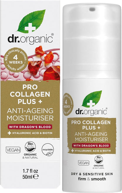 Dr. Organic Pro Collagen Plus Anti-Ageing Moisturizer with Black Pearl, Hyaluronic Acid & Biotin | 50ml | Firm & Smooth | All Skin Types | Vegan, Organic, Natural, Paraben & SLS-Free
