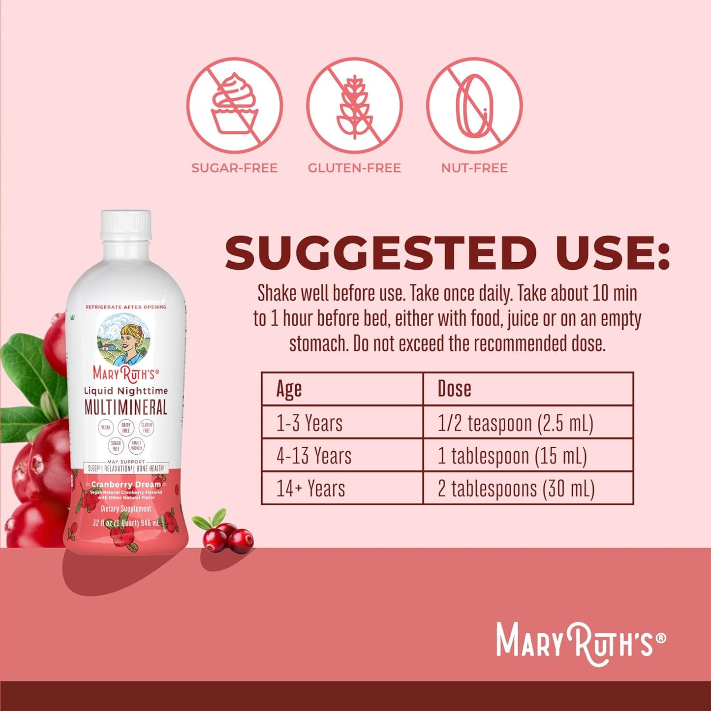 MaryRuth Organics Liquid Nighttime Multimineral | No Melatonin | Bedtime Routine | Magnesium Citrate | Calcium | Zinc | Vitamin D3| Available in 4 Flavors - Vegan | Sugar Free | Gluten Free | 32 Oz