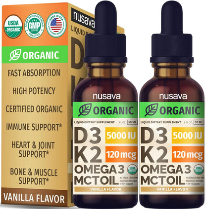 (1 Pack) Organic Vitamin D3 K2 Drops w MCT Oil Omega 3, 5000 IU, Vitamin D Liquid 5000 IU, No Fillers, Non-GMO Liquid D3 for Body’s Defenses & Faster Absorption, Unflavored, 2 Fl Oz Liquid Vitamin D3