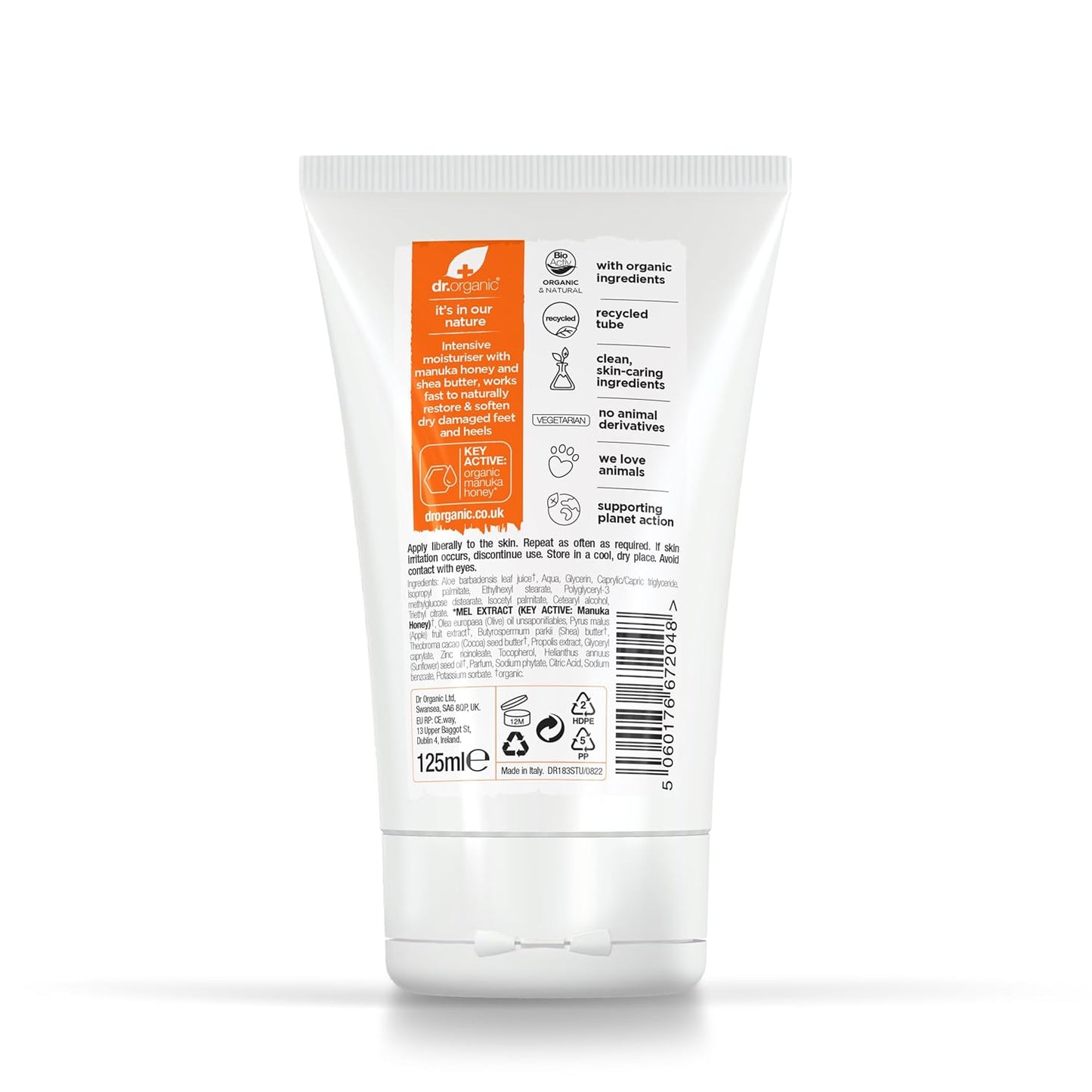 Dr. Organic Manuka Honey Foot Cream, Moisturising, Dry Skin, Mens, Womens, Natural, Vegetarian, Cruelty-Free, Paraben & SLS-Free, Recycled & Recyclable, Organic, 125ml, Packaging may vary