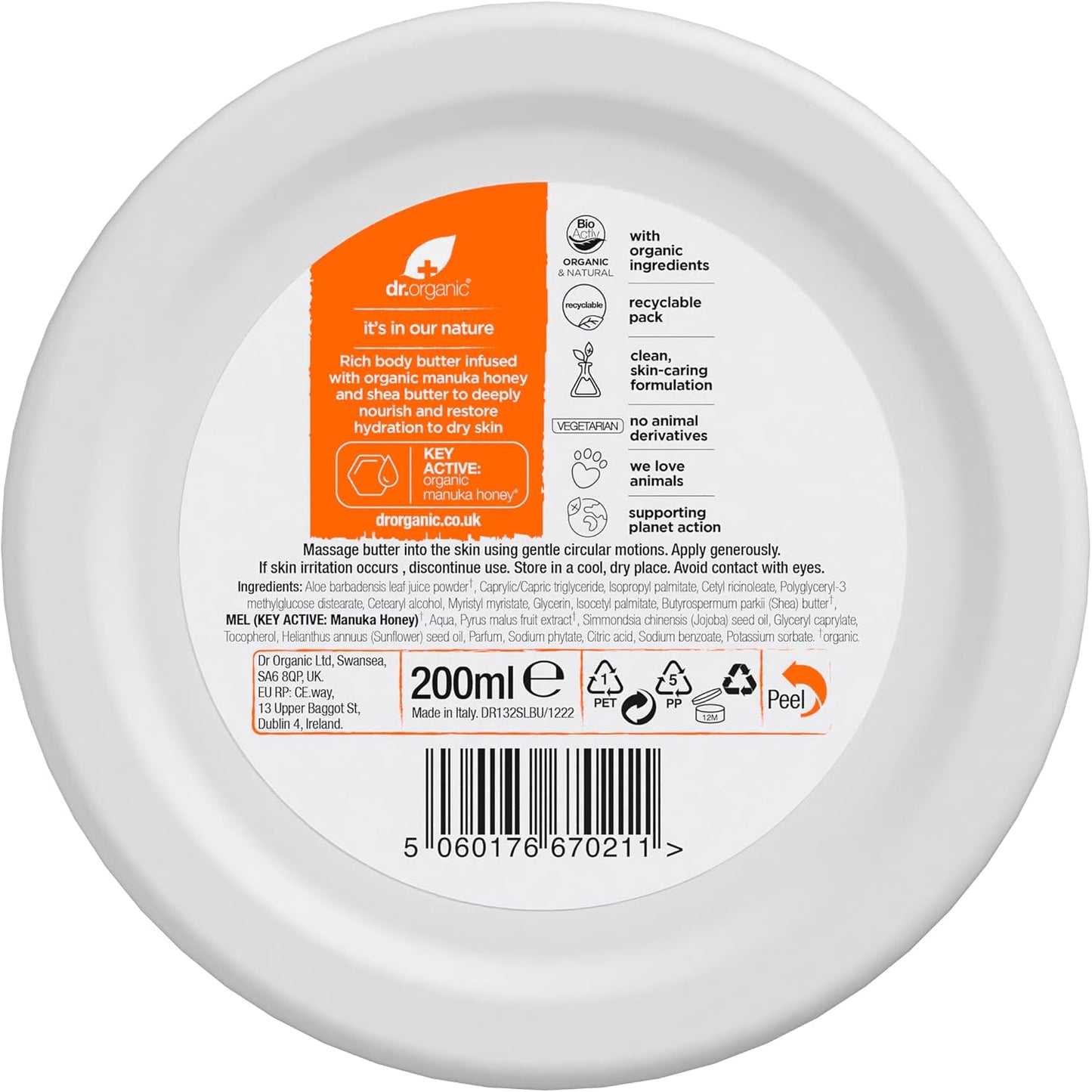 Dr Organic Manuka Honey Body Butter, Moisturising, Dry Skin, Mens, Womens, Natural, Vegetarian, Cruelty-Free, Paraben & SLS-Free, Organic, 200ml