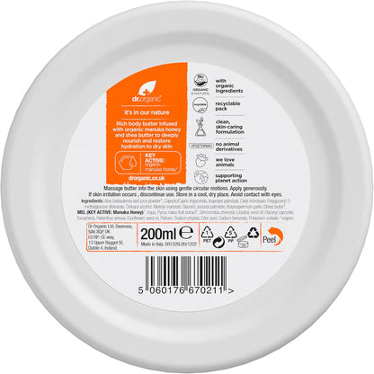Dr Organic Manuka Honey Body Butter, Moisturising, Dry Skin, Mens, Womens, Natural, Vegetarian, Cruelty-Free, Paraben & SLS-Free, Organic, 200ml