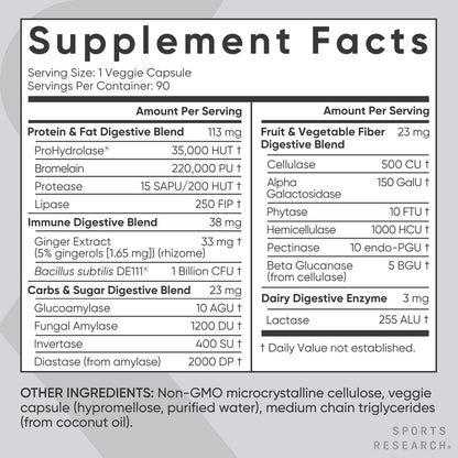 Sports Research Digestive Enzymes with Probiotics & Ginger - Plant Based for Dairy, Protein, Sugar & Carbs - Non-GMO Verified & Vegan Friendly (90 Veggie Capsules)