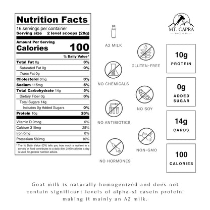 Mt. Capra Non-Fat Goat Milk | Powder from Non-GMO, Grass-Fed Goats, Creamy, Great Tasting, Easy to Digest, A2 Milk | 16 Servings - 1 Pound