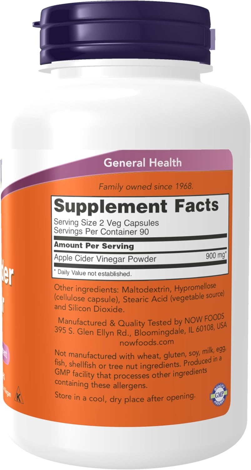 NOW Foods Supplements, Apple Cider Vinegar 450 mg, Derived from Fermentation of Sweet Apple Cider, 180 Veg Capsules