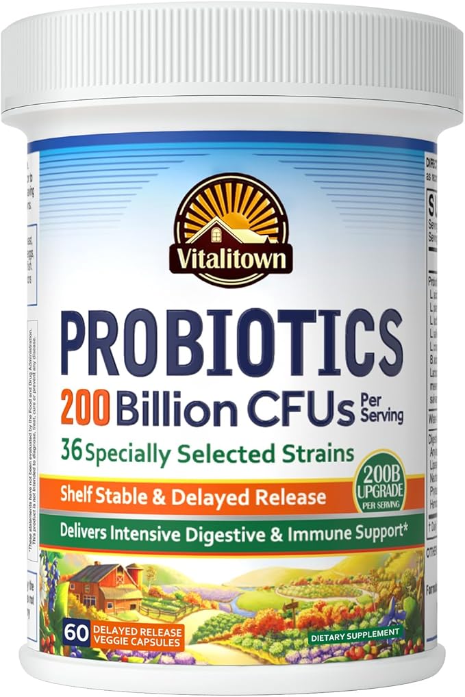 Vitalitown Probiotics 200 Billion CFUs 36 Strains | Shelf Stable, Acid & Bile Resistant | Intensive Digestive & Immune Support | Men & Women Probiotics | Vegan Non-GMO | 60 ct