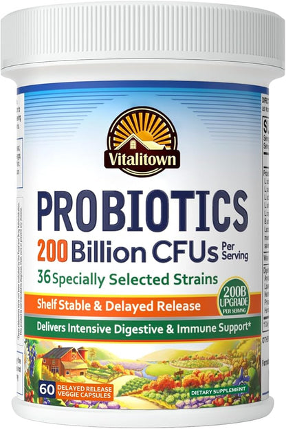 Vitalitown Probiotics 200 Billion CFUs 36 Strains | Shelf Stable, Acid & Bile Resistant | Intensive Digestive & Immune Support | Men & Women Probiotics | Vegan Non-GMO | 60 ct