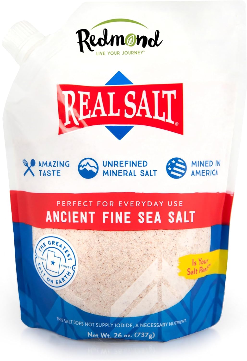 Redmond Real Salt Fine Salt 26oz Refill - Utah Pure Natural Sea Salt Untreated Medium Grain Mineral Rich