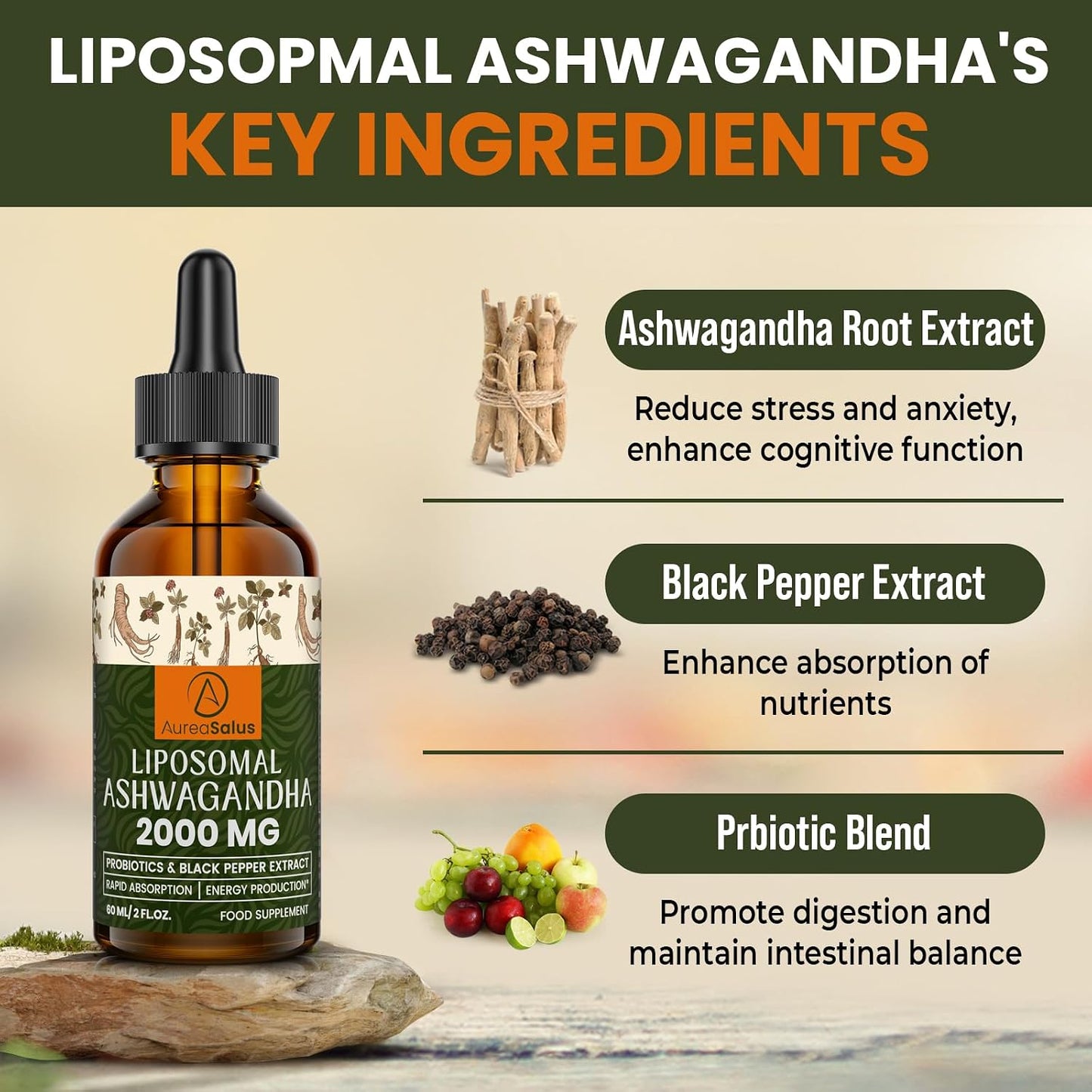 Liposomal Ashwagandha Drops 2000mg, Pure Natural Ashwagandha Extract, Enrich Probiotics & Black Pepper Extract, Stress Relieve Supplements, Increase Energy (60 ml (Pack of 1))