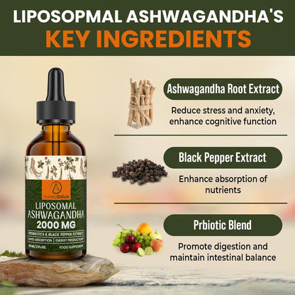 Liposomal Ashwagandha Drops 2000mg, Pure Natural Ashwagandha Extract, Enrich Probiotics & Black Pepper Extract, Stress Relieve Supplements, Increase Energy (60 ml (Pack of 1))
