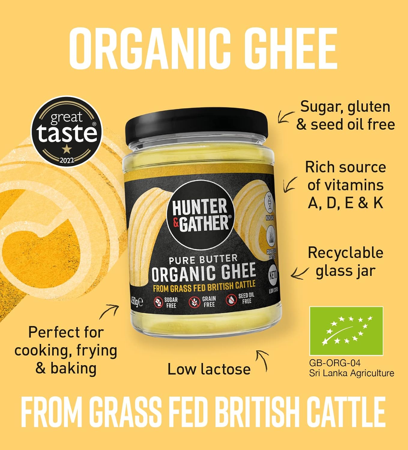 Hunter & Gather Organic Beef Tallow from Grass Fed British Cows 300g | Gluten Free, Seed Oil Free | Keto, Low Carb, Paleo I Ancestrally Inspired Nutrition I Simply 1 Ingredient I Glass Jar