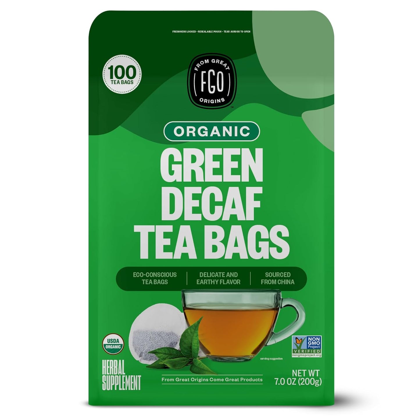 FGO Organic Nettle Leaf Tea, 100 Count, Eco-Conscious Tea Bags, Caffeine Free, Resealable Bag, Packaging May Vary (Pack of 1)