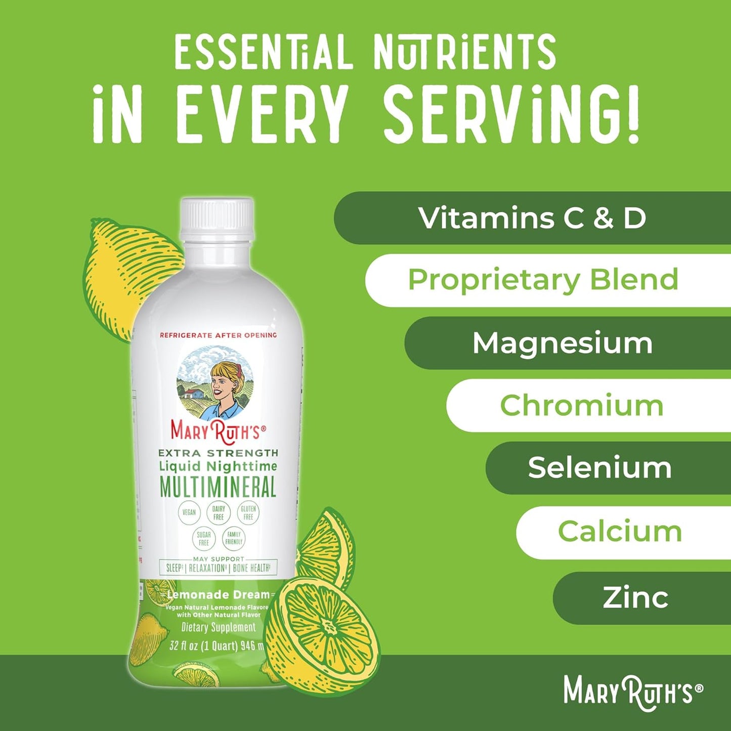 MaryRuth Organics Liquid Nighttime Multimineral | No Melatonin | Bedtime Routine | Magnesium Citrate | Calcium | Zinc | Vitamin D3| Available in 4 Flavors - Vegan | Sugar Free | Gluten Free | 32 Oz