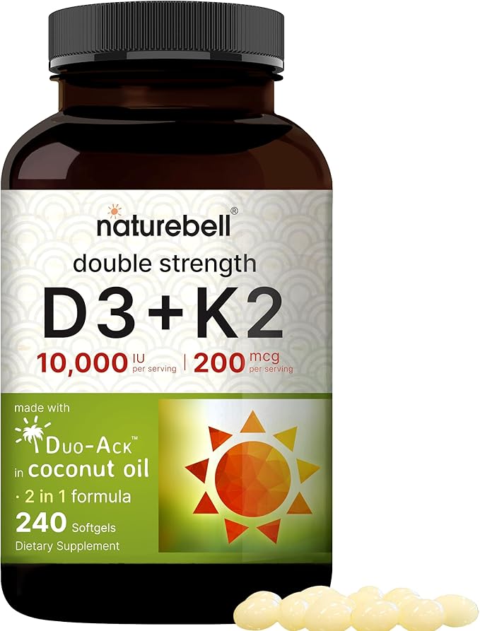 NatureBell Vitamin D3 10,000 IU + K2 200 mcg, 240 Softgels | Daily High Potency Formula with Coconut Oil | Bone, Heart & Immune Support | MK-7 Form | Non-GMO