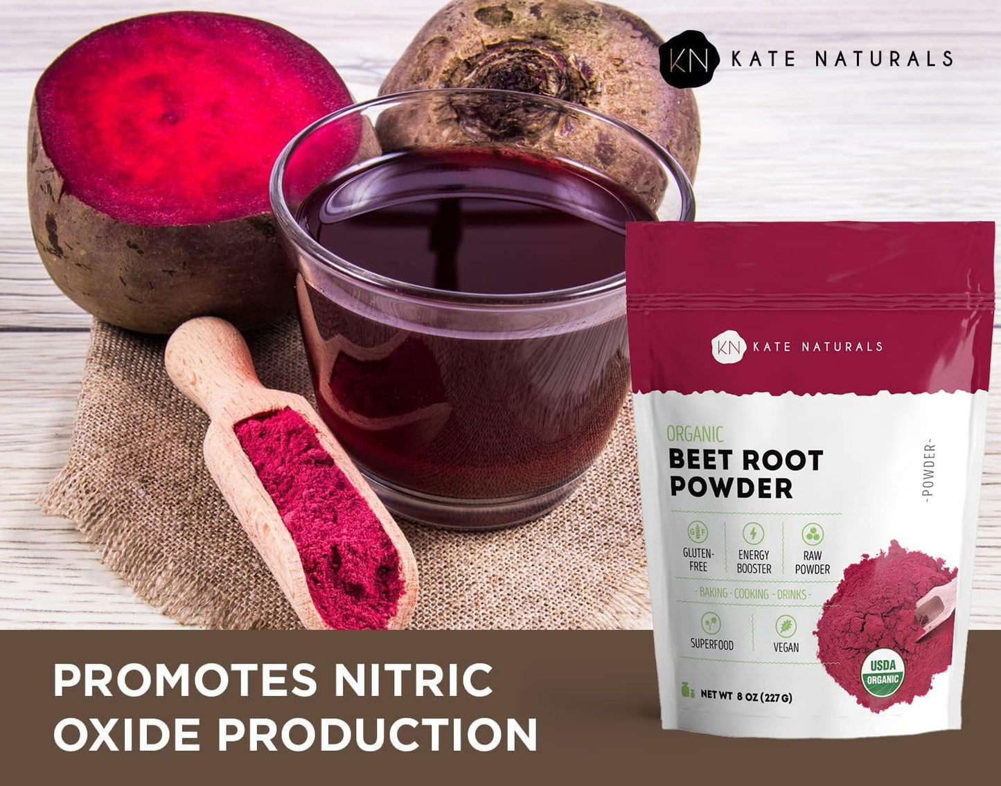 Kate Naturals Beet Root Powder Organic for Smoothie & Energy Boost. Nitric Oxide Supplement for Workout (8oz, Earth Flavor, Mix with Juice Easily)