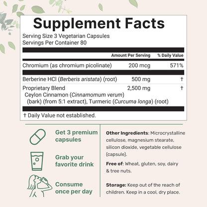 Berberine with Ceylon Cinnamon, Chromium, & Turmeric | 3,000mg Equivalent | 240 Veggie Capsules | High Potency Berberine HCl Root + Cinnamon Bark Extract | Heart Health & Immune Support Supplement*