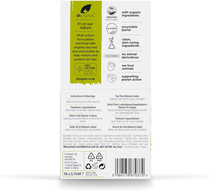 Dr Organic Tea Tree Lip Balm, Moisturising, SPF 15, Mens, Womens, Natural, Vegetarian, Cruelty-Free, Paraben & SLS-Free, Recycled & Recyclable, Organic, 5.7ml, Packaging may vary