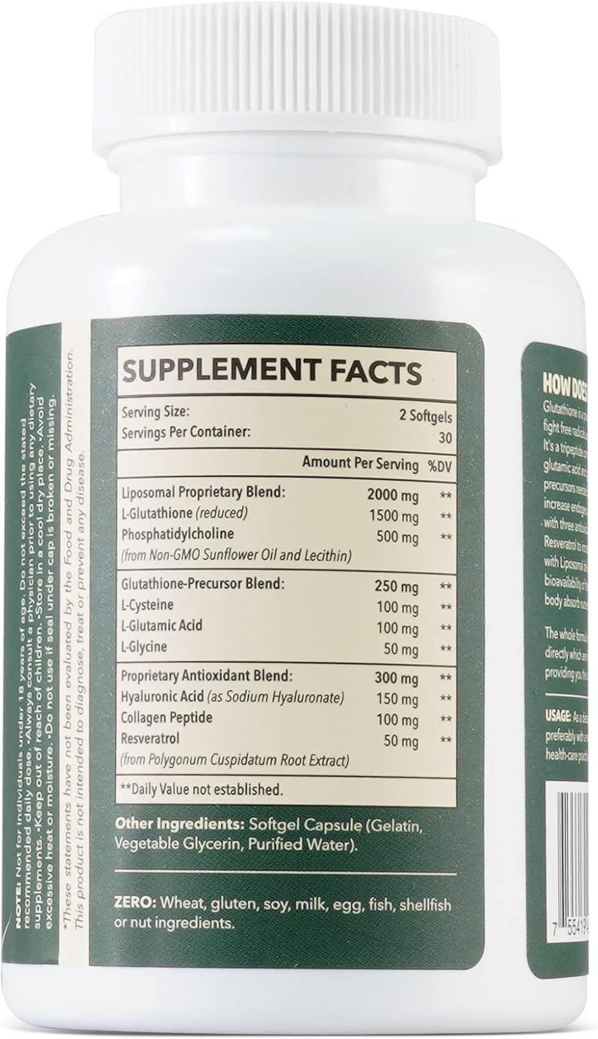 Liposomal Glutathione 2000 MG, 10x Better Absorption, Glutathione Supplement with Hyaluronic Acid + Collagen Peptide + Resveratrol, Powerful Antioxidant, Health Aging, Immune Health, 120 Count