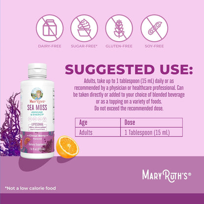 MaryRuth Organics Sea Moss + Immune & Energy Liposomal | Irish Sea Moss | Vitamin B12 | Vitamin E | Elderberry | Rose Hip Oil | Orange Oil | Immune Support Supplement | Vegan | Sugar Free | 7.6 oz