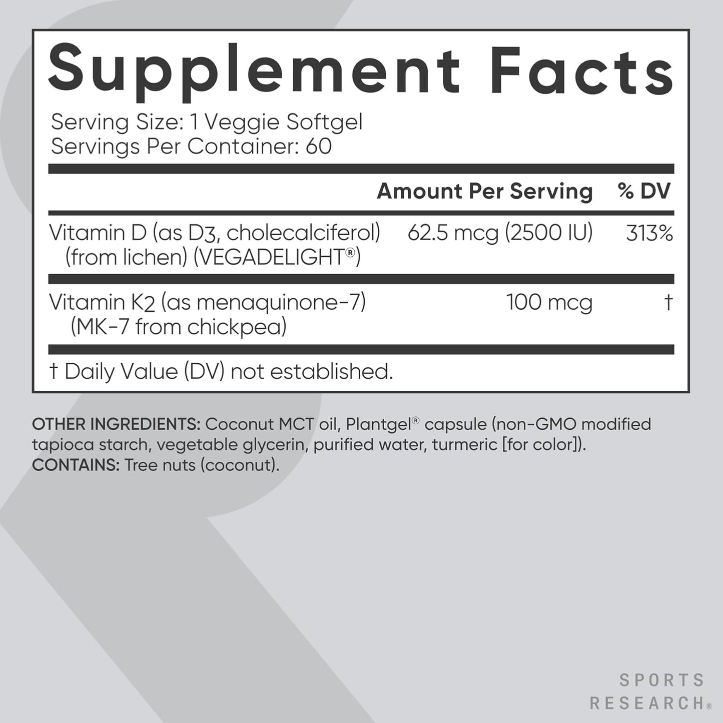 Sports Research® Vegan Vitamin D3 + K2 w/Coconut Oil, 60 Count Plantgels™