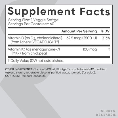 Sports Research® Vegan Vitamin D3 + K2 w/Coconut Oil, 60 Count Plantgels™