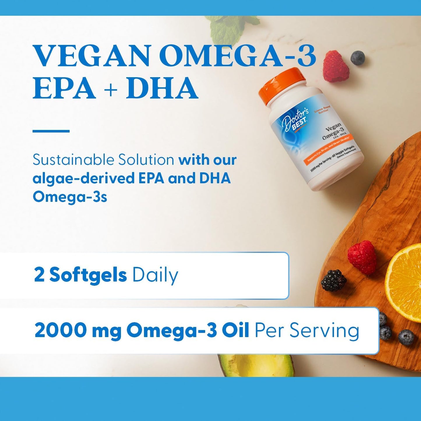 Doctor's Best Vegan Omega-3 EPA + DHA, Supports Eye, Brain, and Heart Health, Non-GMO, Gluten Free, Vegan, 60 Veggie Softgels