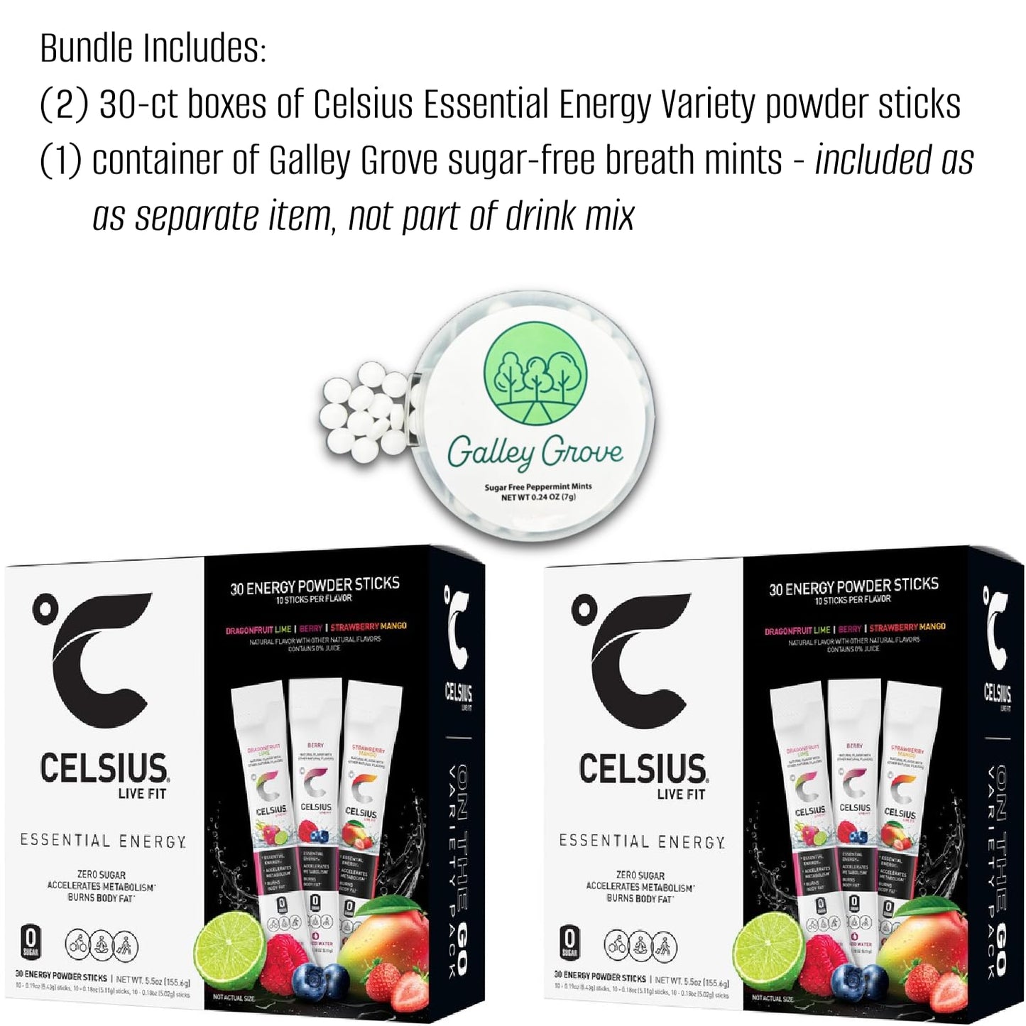 Celsius Essential Energy Zero Sugar Powdered Drink Mix, Variety Pack, 60 Packets - (2) 30-ct Boxes, Dragonfruit Lime, Berry, Strawberry Mango, with Galley Grove Sugar-Free Breath Mints
