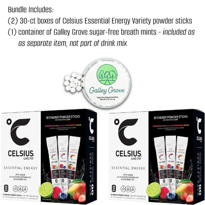 Celsius Essential Energy Zero Sugar Powdered Drink Mix, Variety Pack, 60 Packets - (2) 30-ct Boxes, Dragonfruit Lime, Berry, Strawberry Mango, with Galley Grove Sugar-Free Breath Mints