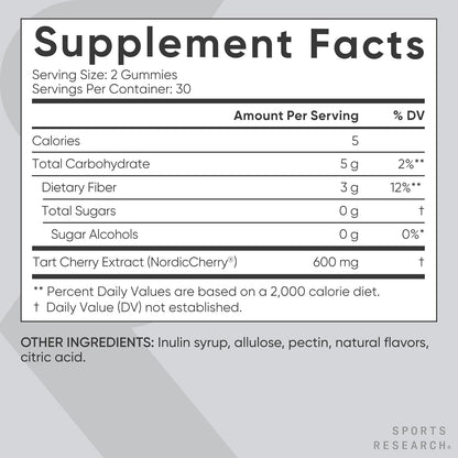 Sports Research® Tart Cherry Gummy Supplements | 600mg of NordicCherry™ | Enhanced Workout Recovery | Sugar and Sugar Alcohol Free - 60 Gummies for Adults, 1 Month Supply