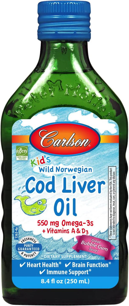 Carlson - Cod Liver Oil, 1100 mg Omega-3s, Plus Vitamins A and D3, Wild Caught Norwegian Arctic Cod Liver Oil, Sustainably Sourced Nordic Fish Oil Liquid, Unflavored, 250 mL (8.4 Fl Oz)